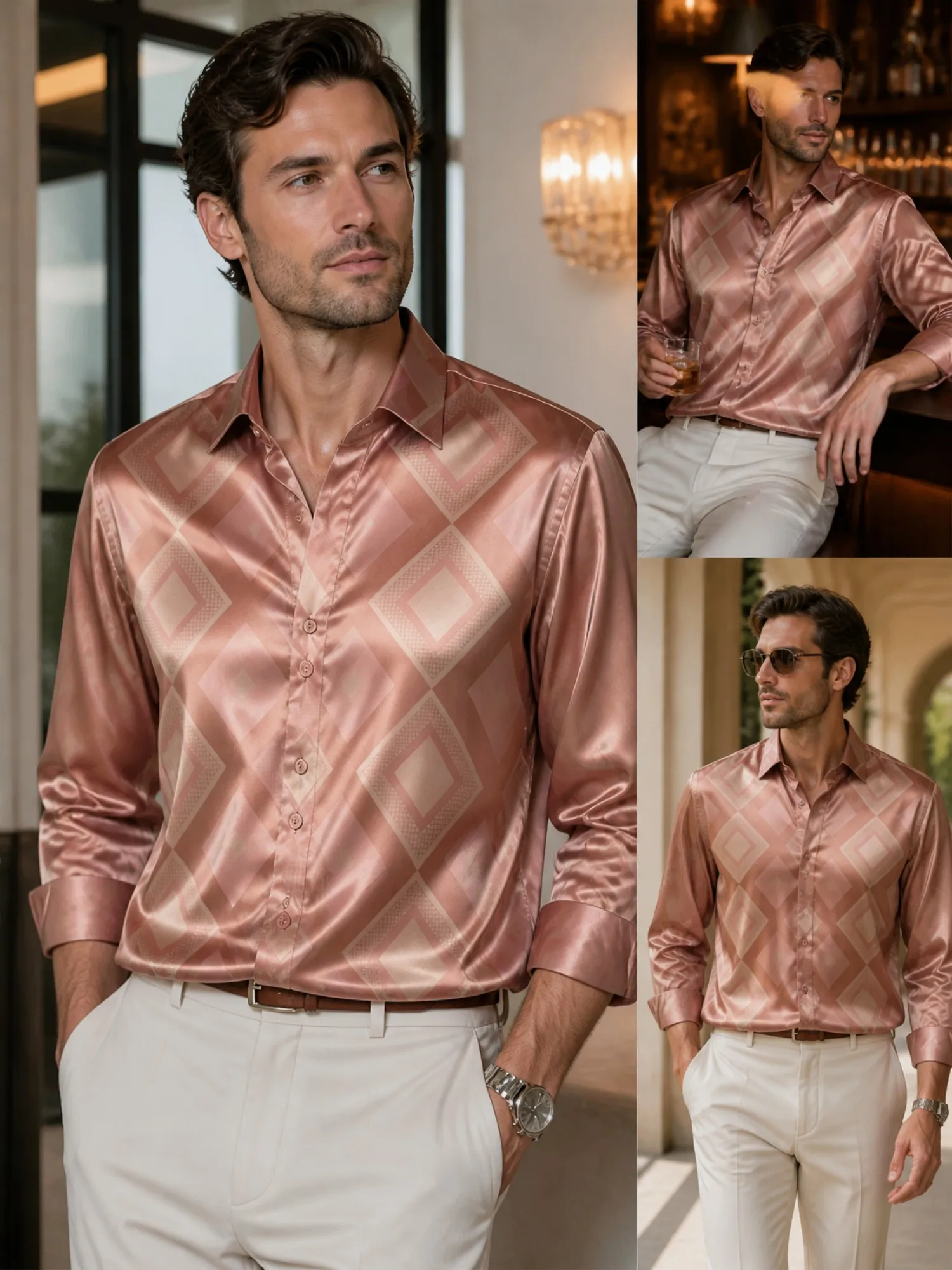 Mens Satin Long Sleeve Button Down Printed Dress Shirt Smooth Glossy Fabric Daily For Office Commute Business Work Everyday Wear