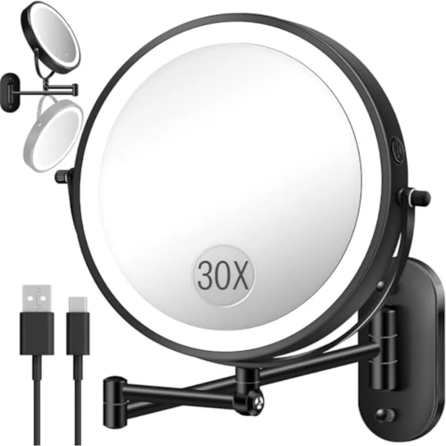

30X/1X Wall Mounted Lighted Makeup Mirror 9'' Height Adjustable Double Sided 5000mAh Rechargeable Magnifying Bathroom Mirror wi