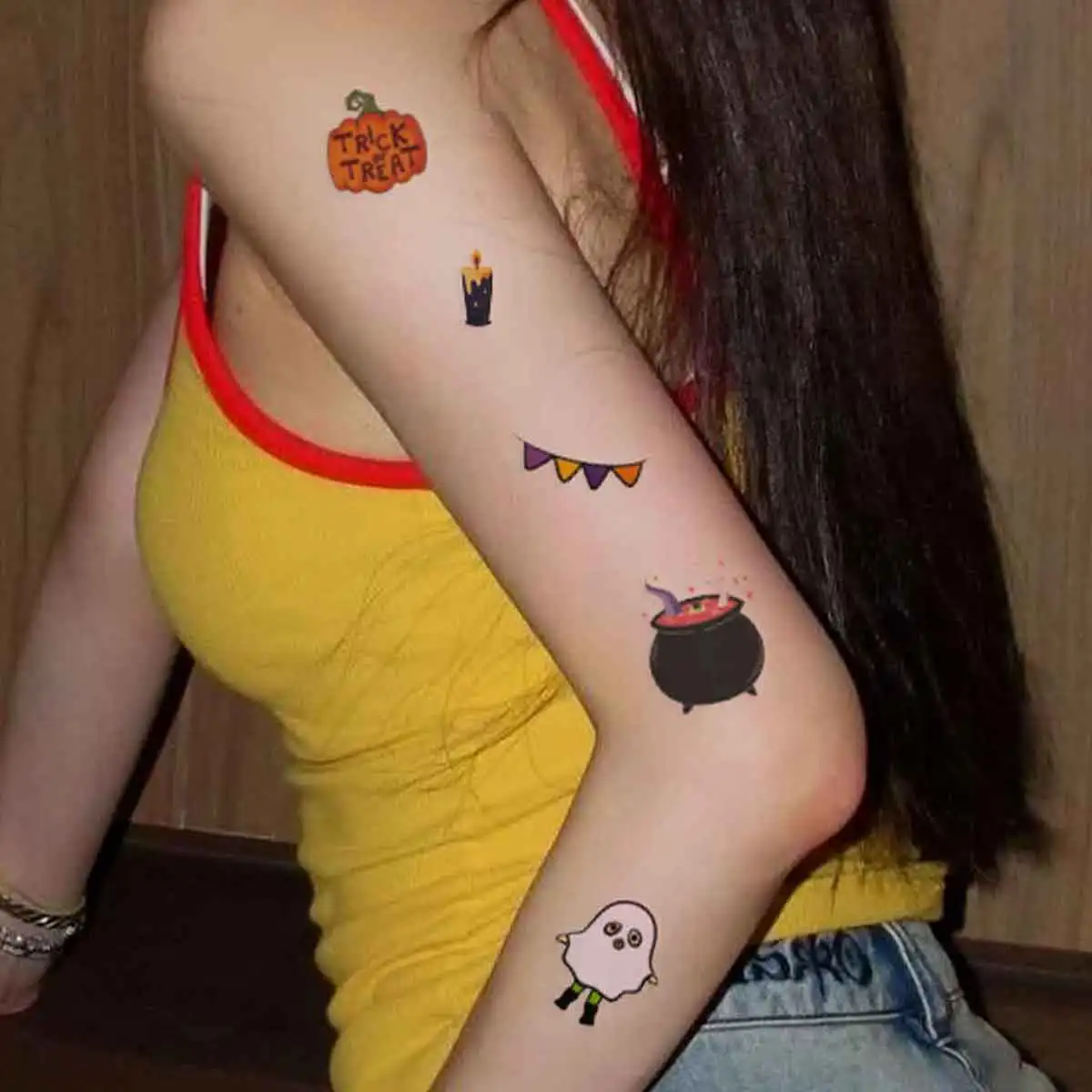 Pegatinas de tatuaje temporal para Festival de Halloween, 6 piezas, tatuajes falsos de murciélago, caramelo, fantasma, pegatinas impermeables divertidas para regalo de fiesta, 타투스티커 커