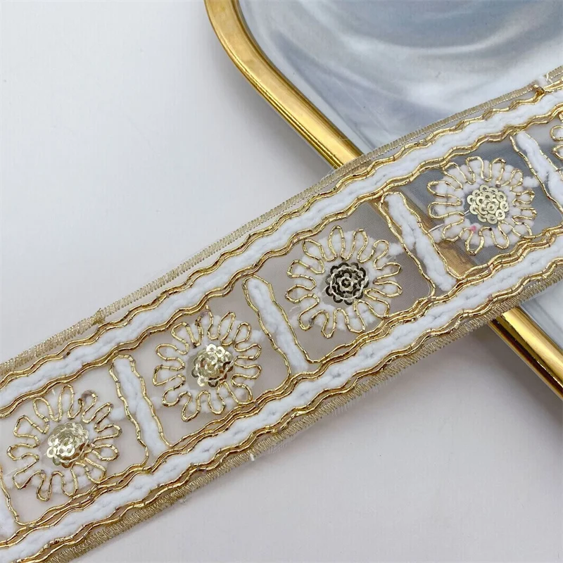1 Yards Embroidered Lace Appliques Sequined Lace Ribbon Sewing Apparel Trims Fabric DIY Materail Accessories