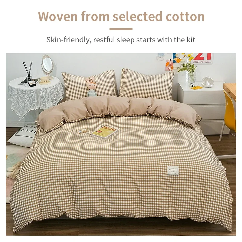 100% Cotton Japanese Simple Style Duvet Cover,Bedding Set With Plaid Stripe,Skin Friendly Breathable,1 Duvet Cover,2 Pillowcase