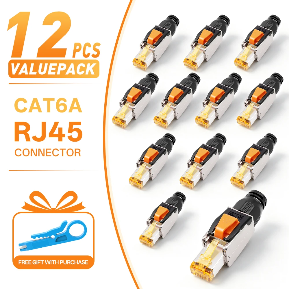 No Crimp Tool‑Free RJ45 Cat6A Shielded Connector 10Gbps 500MHz Reusable Zinc Alloy STP Ethernet Plug for Home Office LAN Wiring