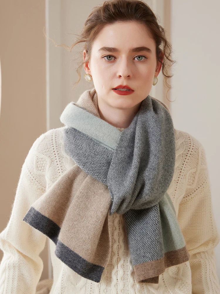 

Soft Style 100% Cashmere Knitted Scarf Autumn Winter Men Women Fashionable Thick Warm Clashing Color Shawl Versatile High-end