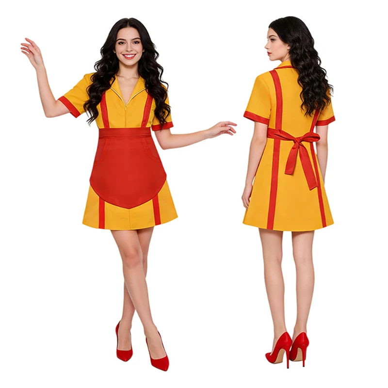 

New Cosplay 2 Broke Girls Women RolePlay Dress Costumes For Halloween Party Short Sleeve Yellow Apron Caroline Bar Waitress Maid