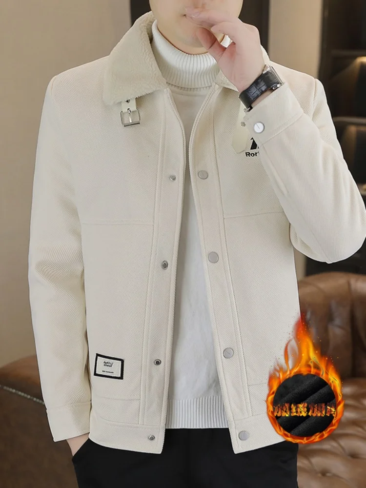 

Winter Thiened Fce Lined Woolen Coat for Men Sli Busin Casual Outerwear Stand Fit Faion Urban Sle Jaet