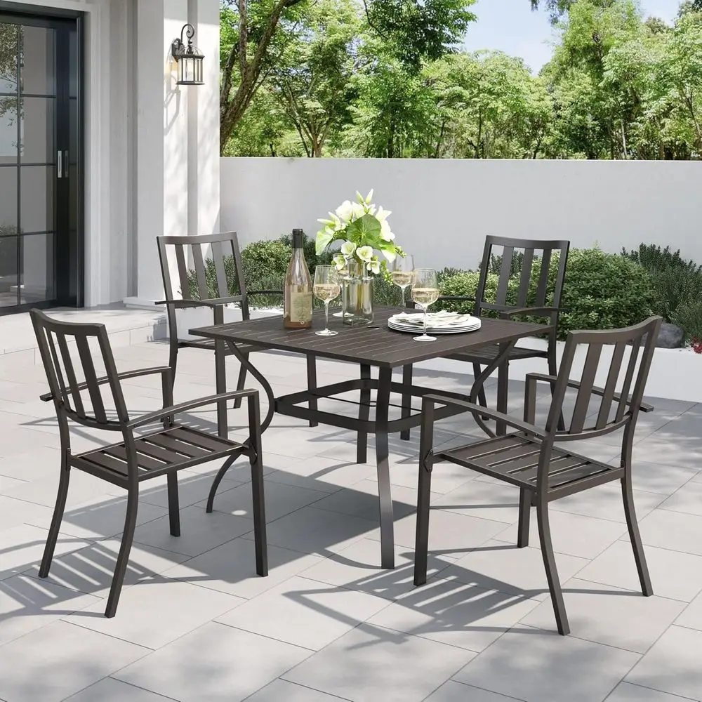 

5-Piece Outdoor Dining Set with Square Metal Table and Stackable Iron Chairs for Patio, Deck, or Backyard