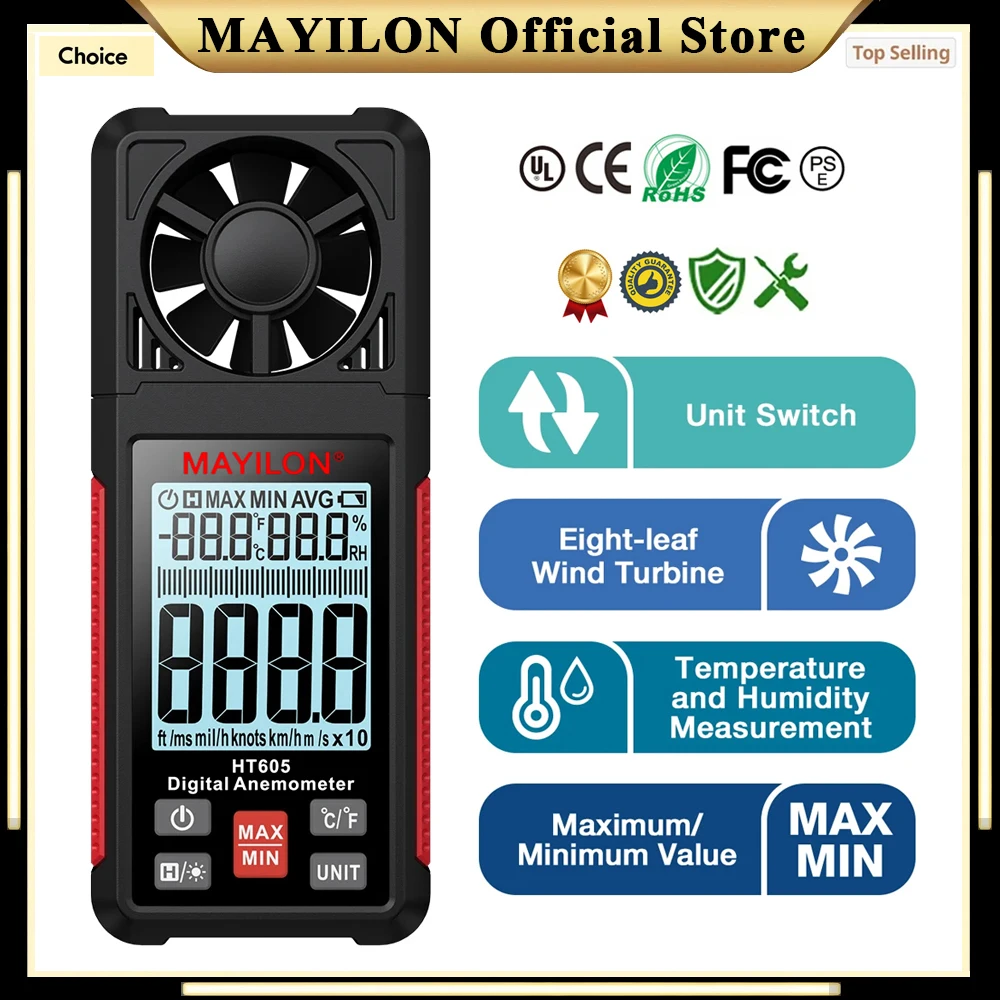 MAYILON HT605 Temperature Humidity Wind Speed Meter 3 in 1 Digital Anemometer Thermometer Hygrometer LCD Backlight Display