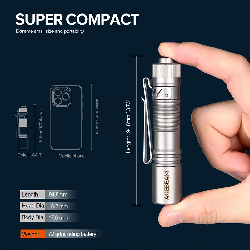 ACEBEAM Pokelit AA titanium EDC-zaklamp 1000 lumen 114 meter 14500 oplaadbare batterij zaklamp compact formaat dagelijkse EDC