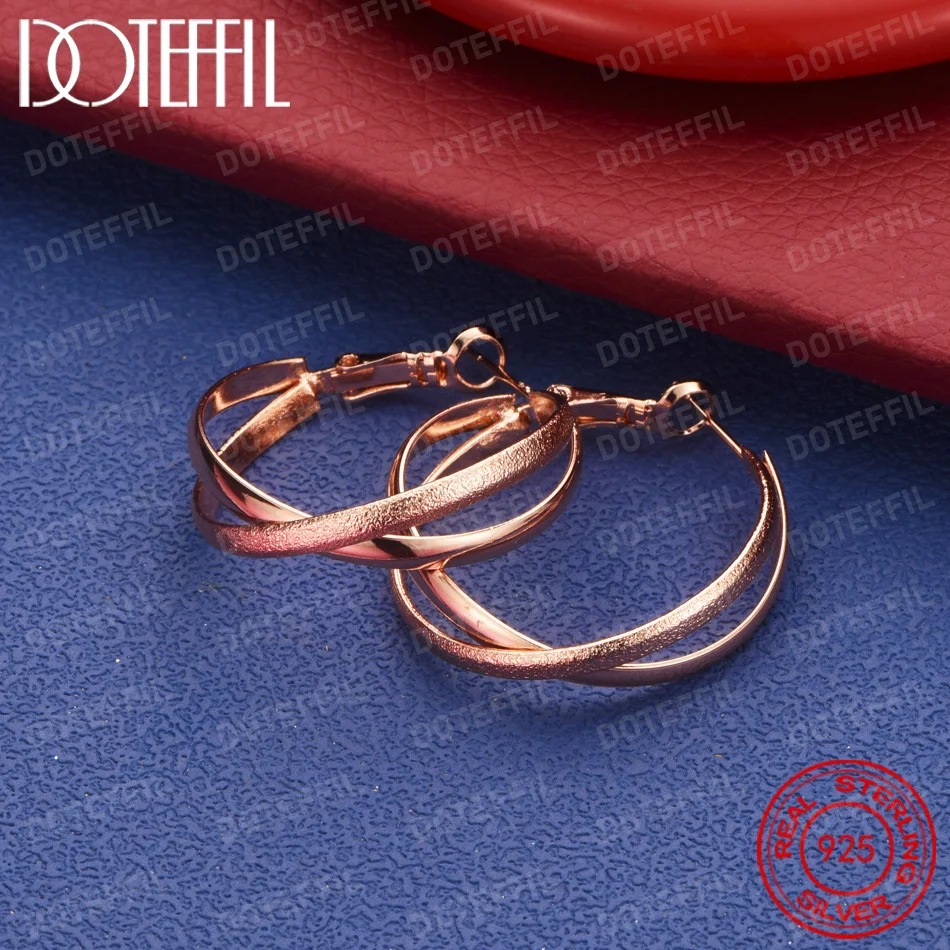 925 Sterling Silver Rose Gold Plated 28mm Delicate Frosted Cross Double Hoop Earrings for Women, Wedding Party Gift Jewelry