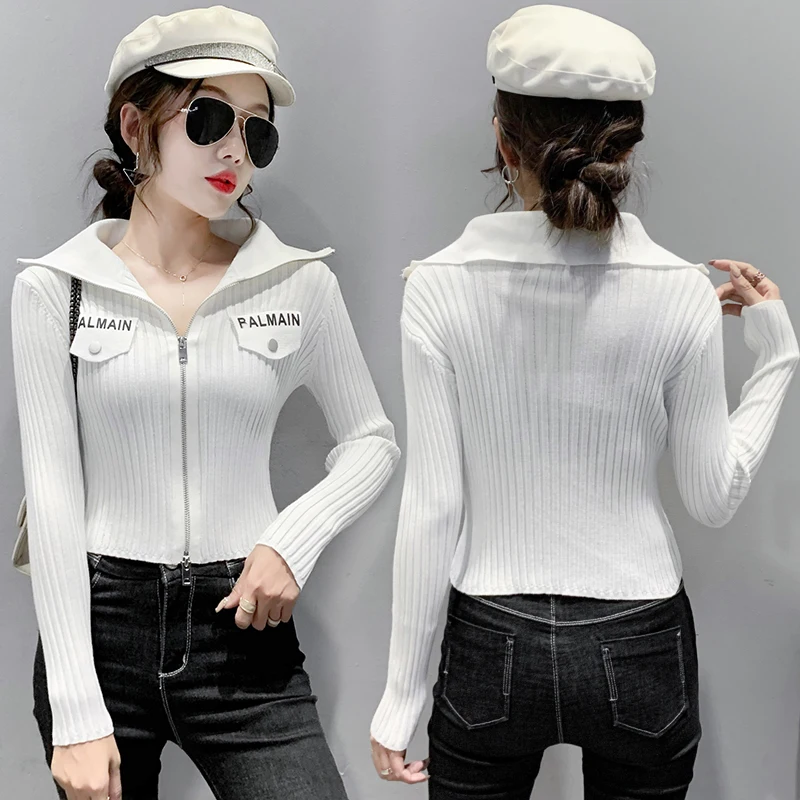 MadBlack European Clothes Jacket Women Turn Down Collar Zipper Slim Knit Crop Top Casual Long Sleeve Coat Autumn Winter T38715JM