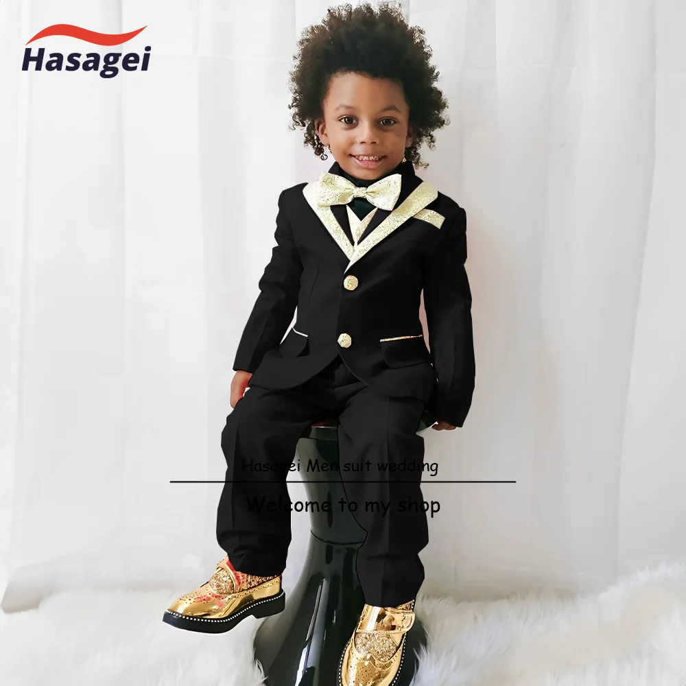 Traje azul real para niños, esmoquin de boda, de 3 piezas chaqueta, pantalones, chaleco, cuello dorado, vestido personalizado, Blazer de fiesta para niños de 2 a 16 años