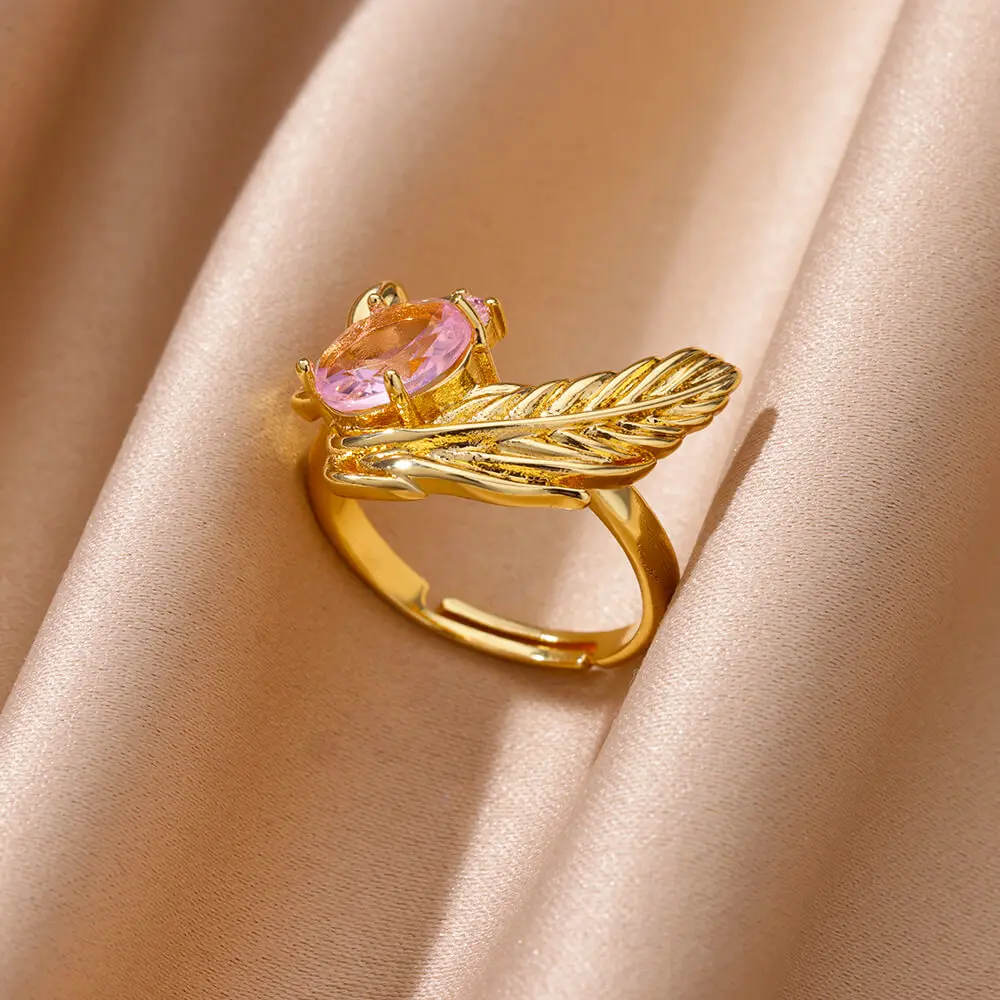 Gold Color Zircon Rings For Women Stainless Steel Feather Finger Rings Female Fashion adjustable Rings 2024 New Trendy Jewelry