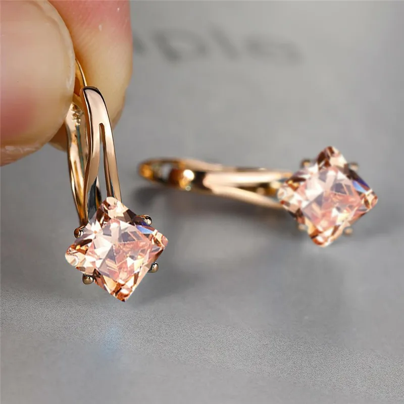 Cute Female Champagne Square Jewelry Luxury Crystal Zircon Stone Hoop Earring Rose Gold Color Wedding Earrings For Women