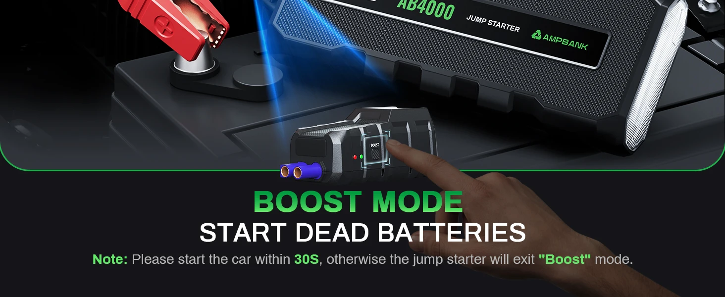 AMPBANK AB4000 Starthilfe für Autos, 16000mAh Booster Powerbank, tragbares 12V 4000A Booster-Pack, bidirektionales Schnellladen, BOOST-Funktion für Autos, SUVs, LKWs und Motorräder – Detail 7