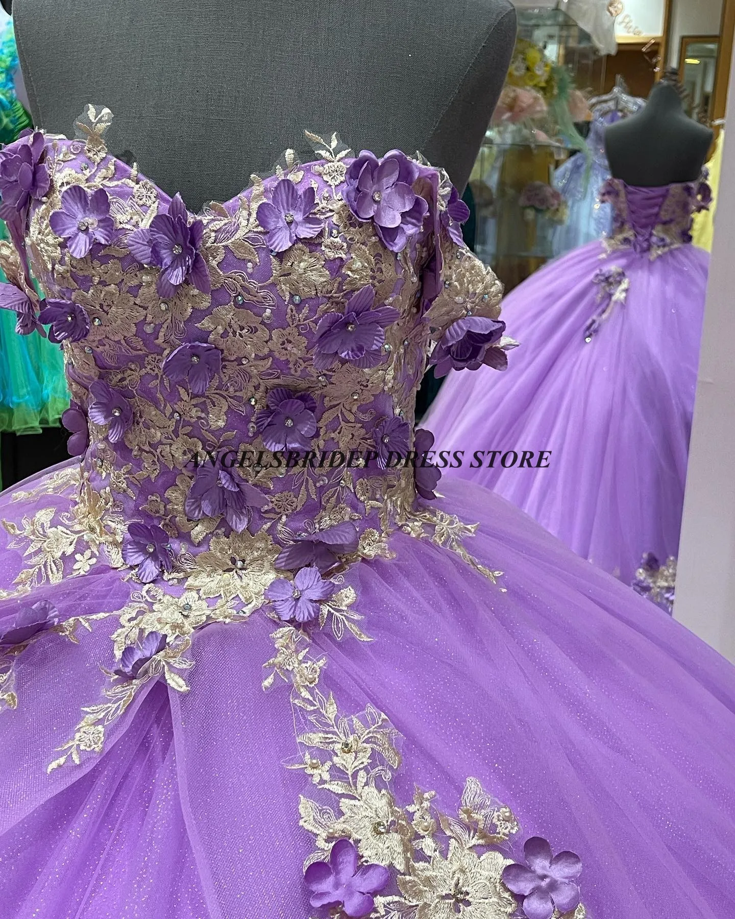 ANGELSBRIDEP-Vestido de tule feminino, vestido lilás quinceanera, vestido de festa mexicano, floral inchado, tule de glitter, 16 anos, 16 anos, 2024 anos