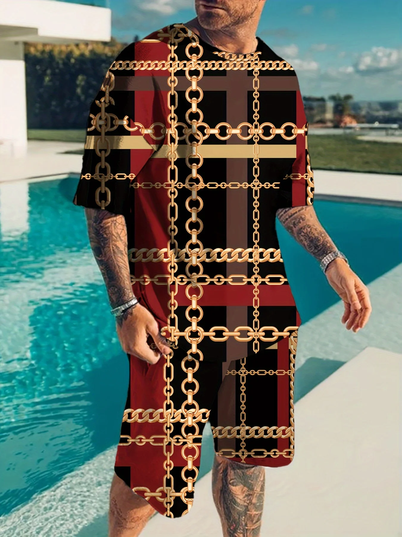 

Two-piece set, men's gold chain plaid short-sleeved T-shirt and shorts set