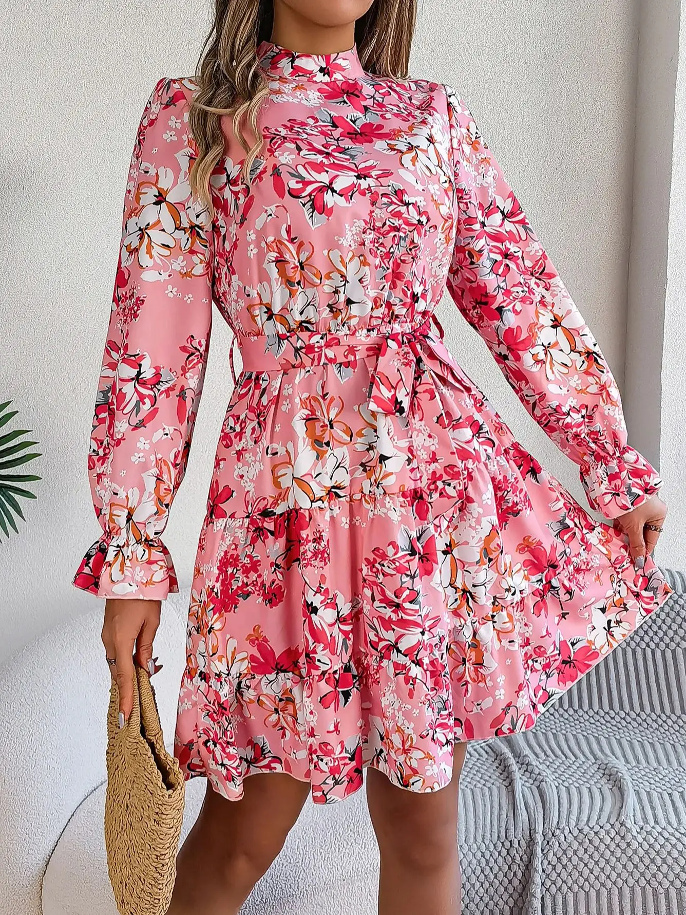 Elegante Nep Met Riem En Ruches Met Bloemenprint Jurk Voor Lente En Herfst, Dameskleding
