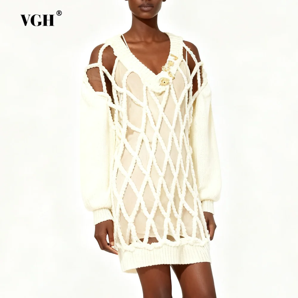 

VGH Hollow Out Temperament Loose Knitted Sweaters For Women V Neck Long Sleeve Autumn Design Sense Solid Sweater Female Fashion