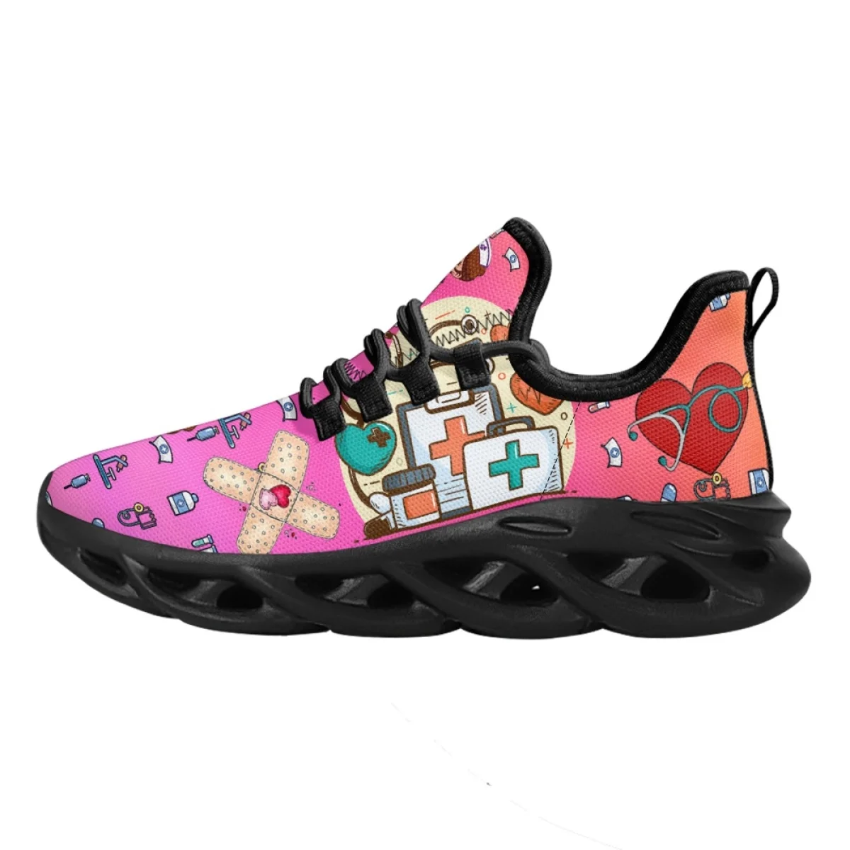 INSTANTARTS 2023 Women Sneakers Gradient Pink Nursing Shoe Cute Cartoon Nurse Doctor Medical Print Light Lace-up Platform Tennis