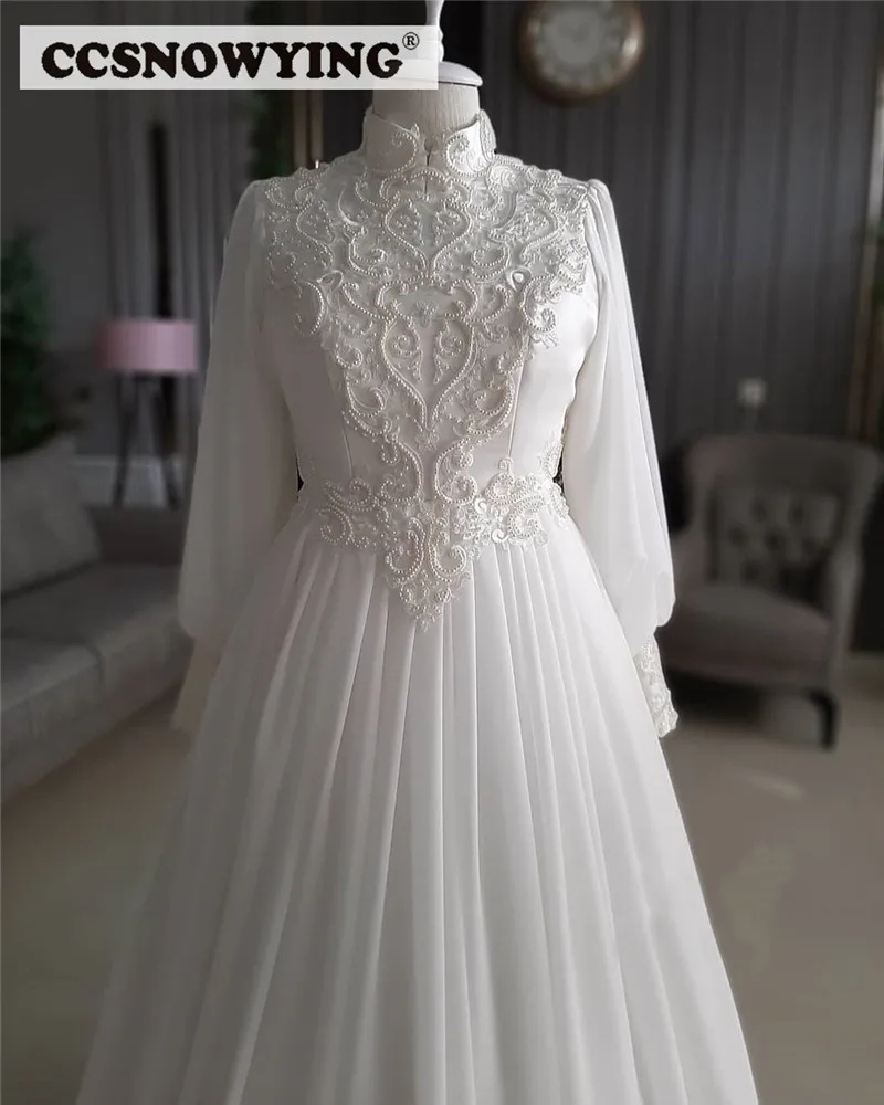 Chiffon Appliques Pearls Muslim Wedding Dress with Cape Long Sleeve Arabic Dubai Bride Gown High Neck Vestidos De Novia