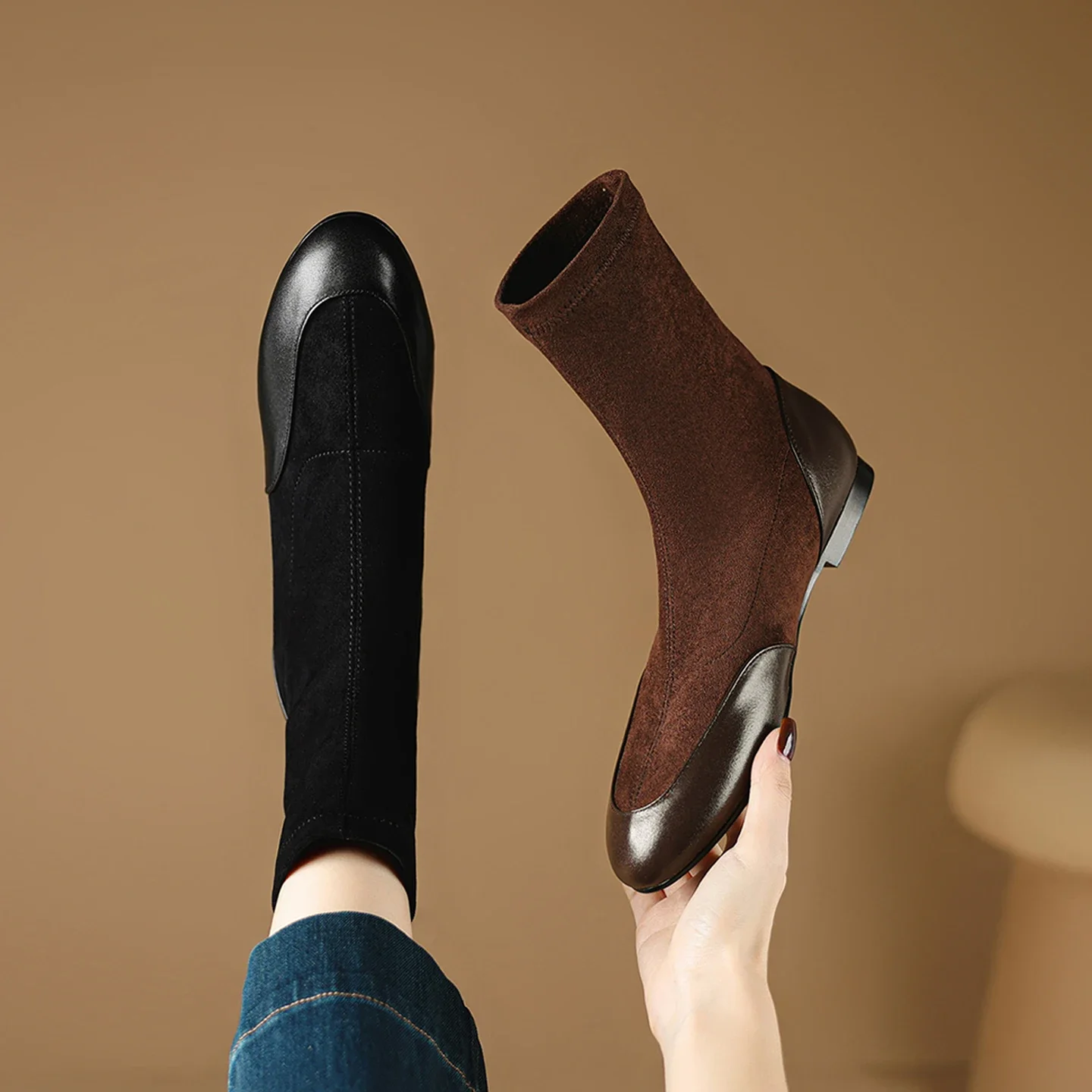 2026 new autumn winter women ankle boots natural leather plus size 22-25cm cowhide+flannel low heel mixed color skinny boots