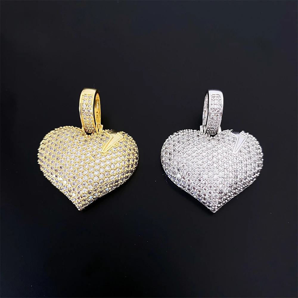 

Hiphop Iced Bling 5A Zircon Heart Pendant 14K Gold Plated Rapper Jewelry Cubic Zirconia Love Charm Pendant with Steel Chain 24in