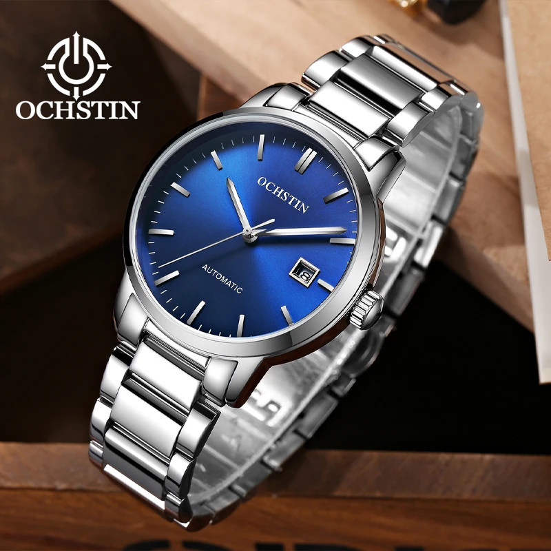 OCHSTIN Mens Watches Automatic Mechanical 2023 New Royal Blue Leather Strap Auto Date Business Style Dress Wristwatch Male Clock