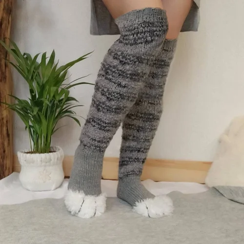 Imagen 2 del producto Calcetines hasta la rodilla de invierno para mujer, calcetines a rayas con diseño de pata de gato, calcetines cálidos de lana para botas, calentadores de piernas, calcetines altos para niñas