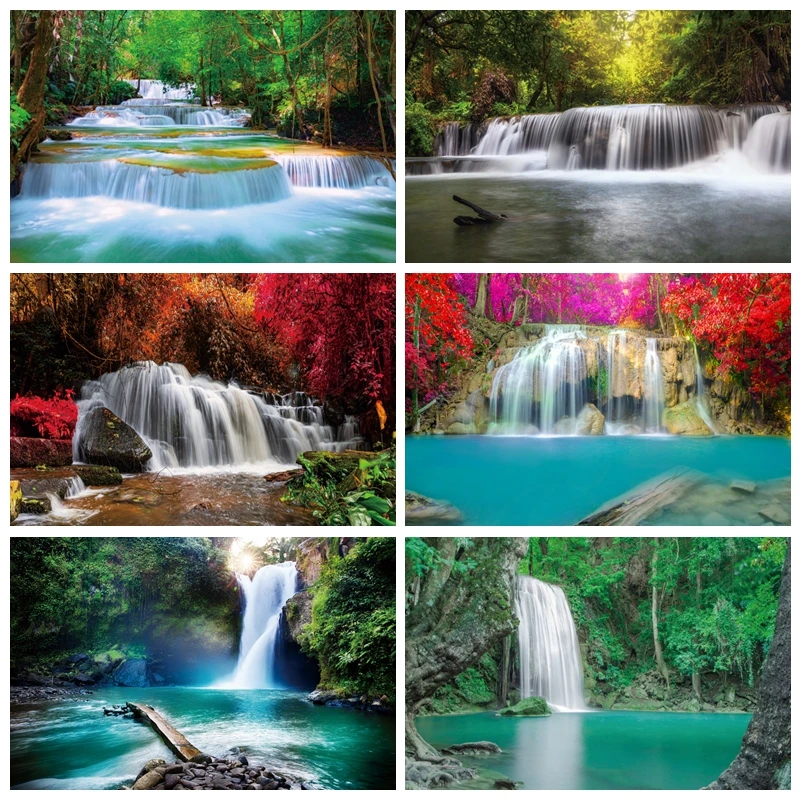 

Nature Jungle Waterfall Backdrop Spring Landscape Green Forest Lake Mountain River Photography Background Photo Studio Prop