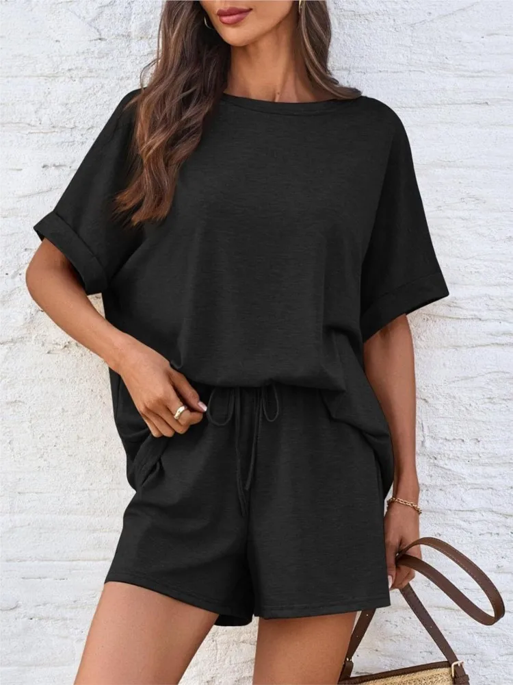 Conjunto informal para mujer, camiseta de manga corta con cuello redondo y pantalones cortos, conjuntos de 2 piezas para mujer, ropa deportiva de verano para mujer