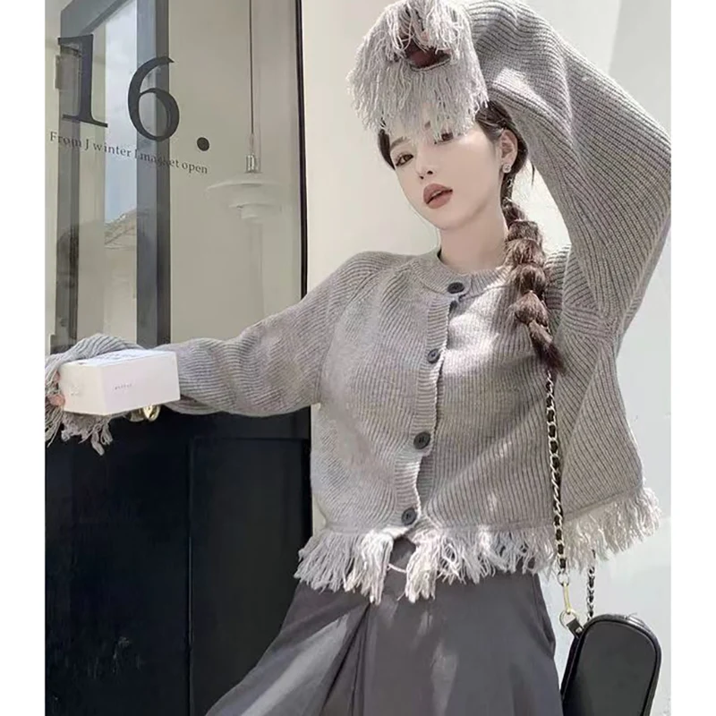 Fashion Solid Color Button Cardigan Tassel Sweaters Female Clothing 2023 Autumn Winter Oversized Knitted Casual Tops