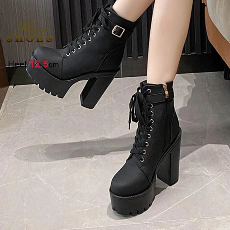 

Новые черные женские ботильоны на грубом каблуке 12,5 см, модные короткие ботинки на молнии со шнуровкой, осенне-зимние тонкие плюшевые короткие рыцарские сапоги