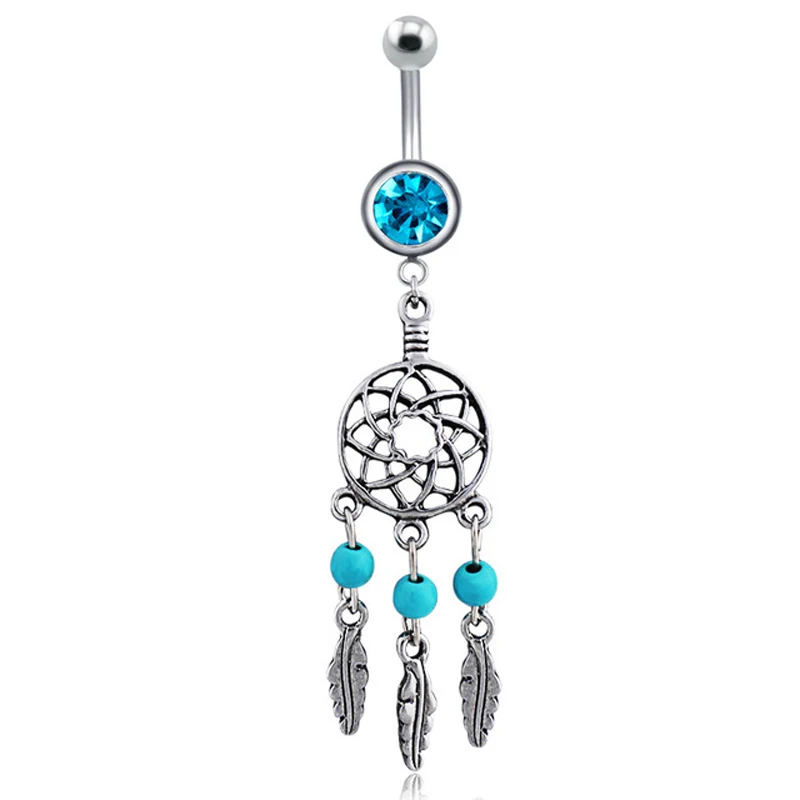 1PC Summer Blue Belly Button Ring Stainless Steel Navel Piercing Flower Dangle Belly Bar Piercing Nombril Lot Body Jewelry