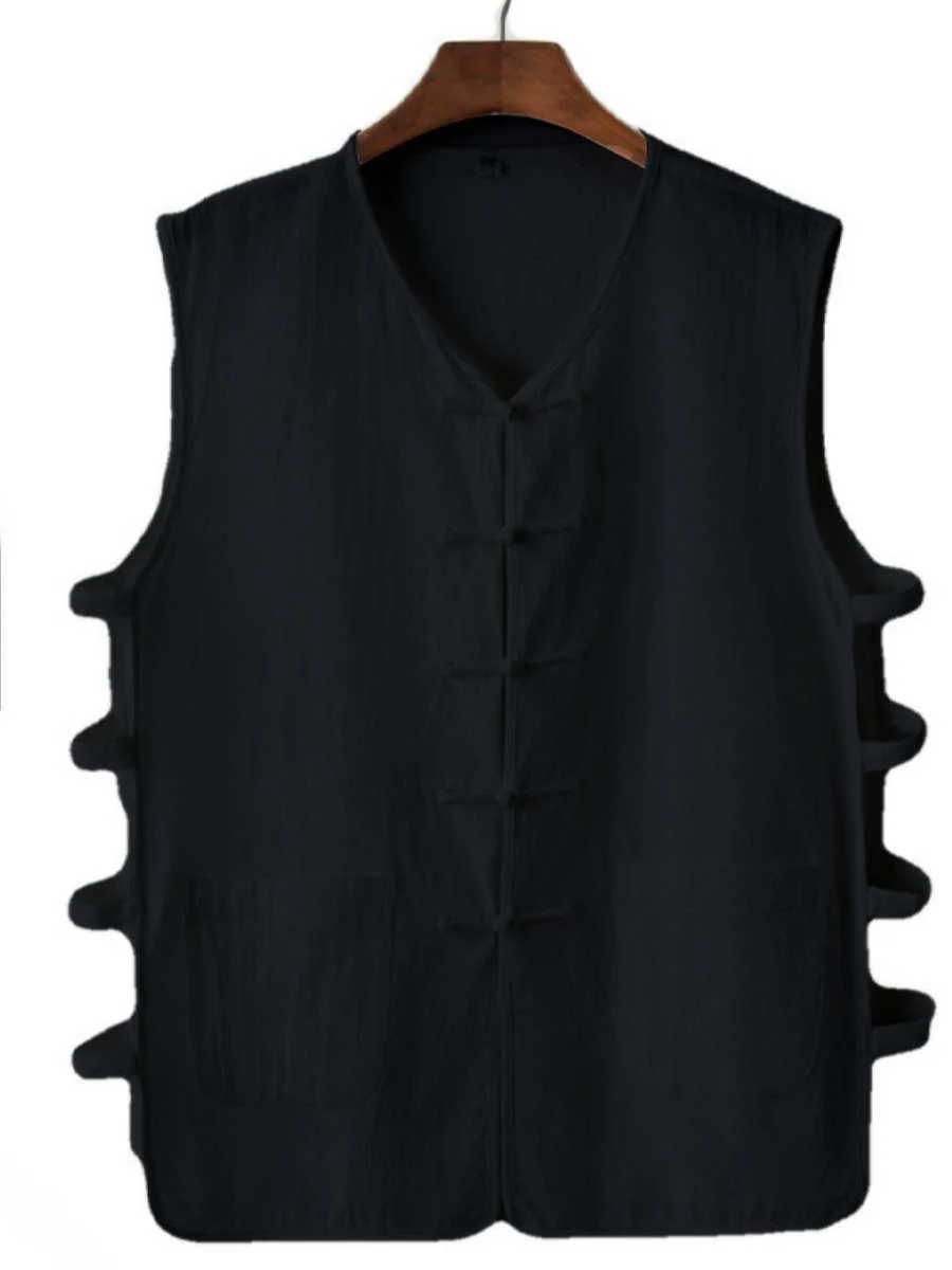 Summer Cotton Linen Casual Men's Vest Retro Button Large Size Open Cardigan Shoulder Blade Sweater V-neck Pocket  Color