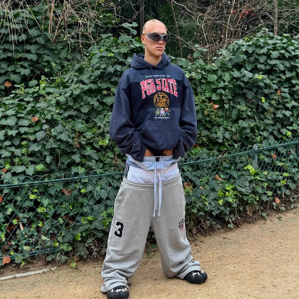 

25SS Grey Black Faux Triple Waist Drawstring Embroidery Flag Patchwork Wide Leg Sportswear GRAILZ PROJECT G/R Sweatpants