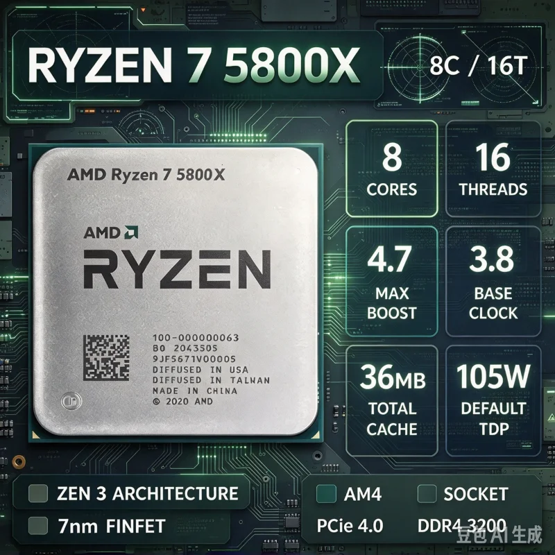 AMD Ryzen 7 5800X Processor For AM4 Motherboard 8 Cores 16 Threads 3.8GHz Base 4.7GHz Turbo 32MB L3 Cache 7nm