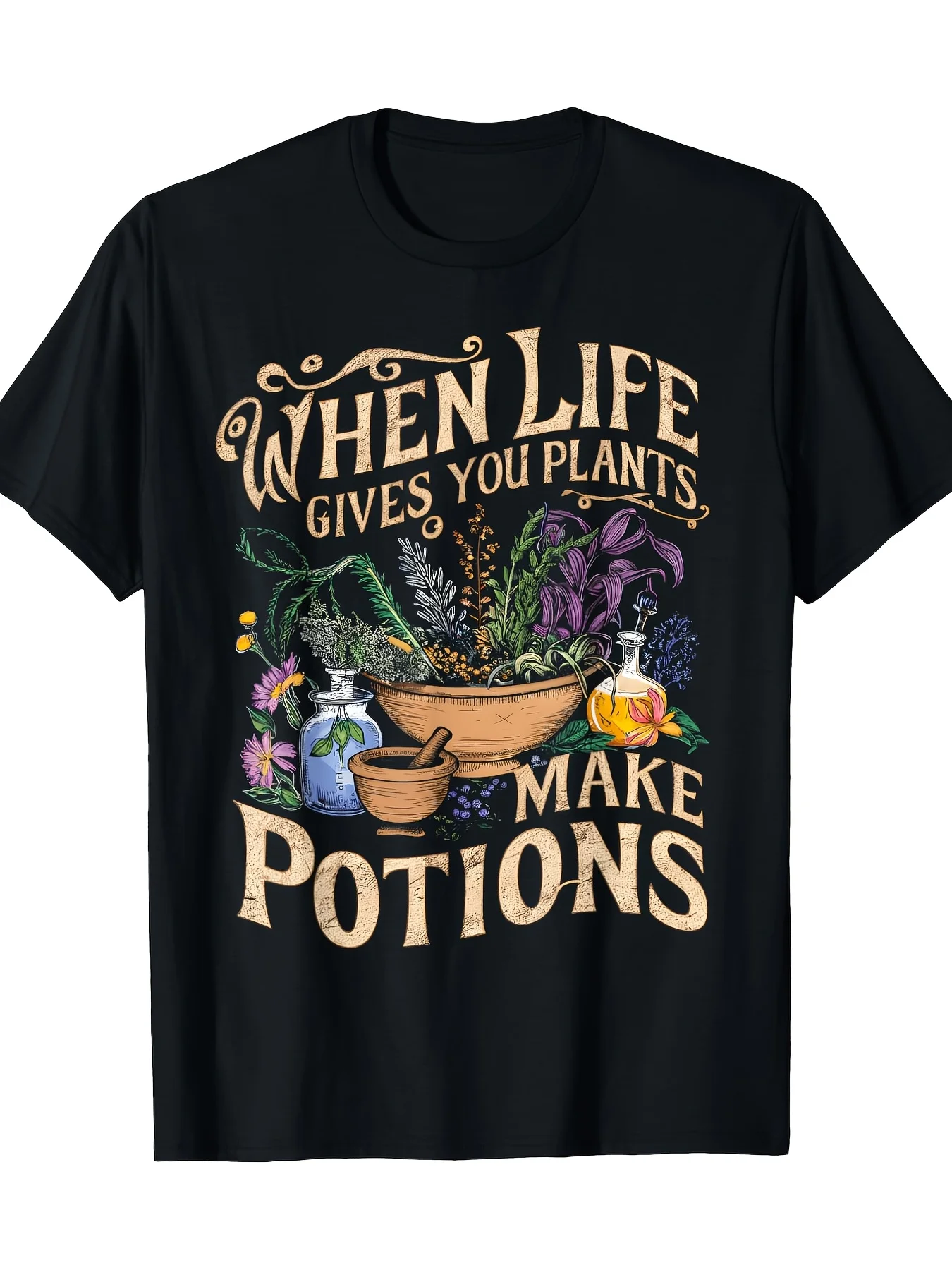 

Мужская футболка Herbalist Pun — дизайн «When Life Gives You Plants, Make Potions», 100% хлопок, с коротким рукавом, повседневный крой