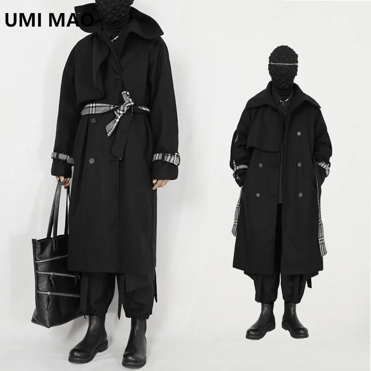 

UMI MAO Men's Knee Length Woolen Trench Coat Autumn Winter Long Coat Dark Loose Double Breasted Lace Up Woolen Coat