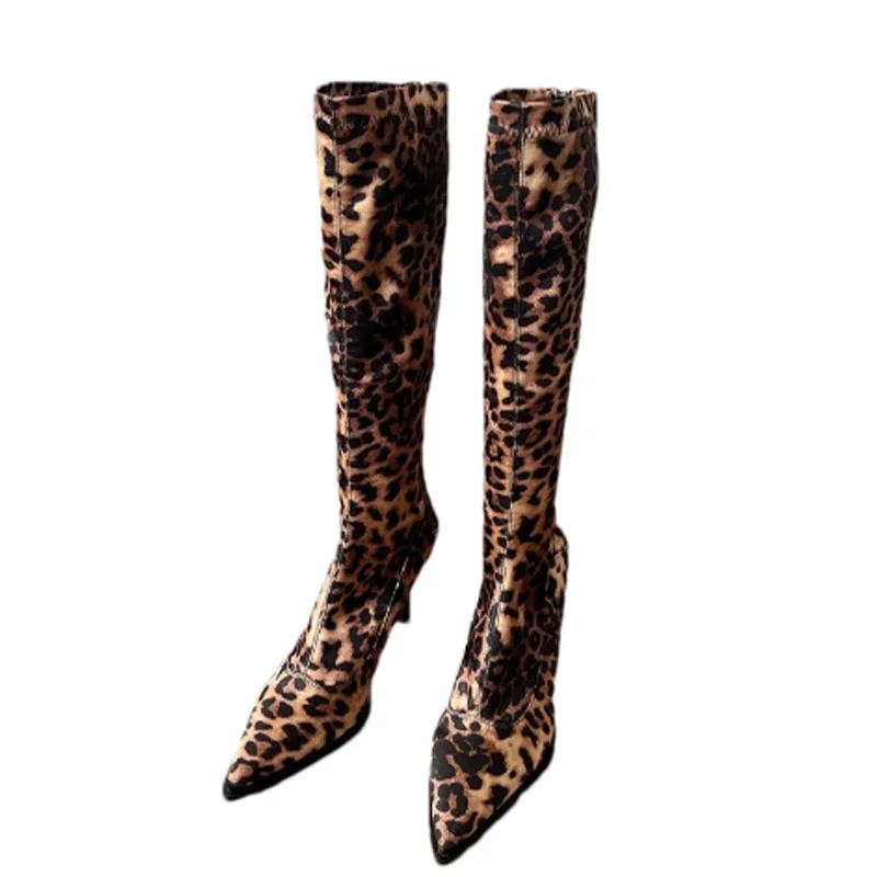 Leopard Women High Boots Sexy High Heels Pointed Toe Shoes Elegan Trend Party Chelsea Boots Pumps Luxury New Mujer Snow Botas