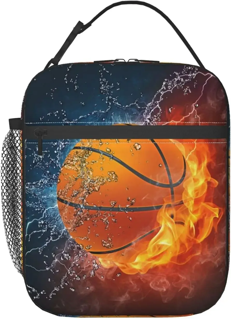 Fire and Water Basketball Lunch Bag Insulated Lunch Box Cooler Tote with Shoulder Strap for Boys Girls Women Men