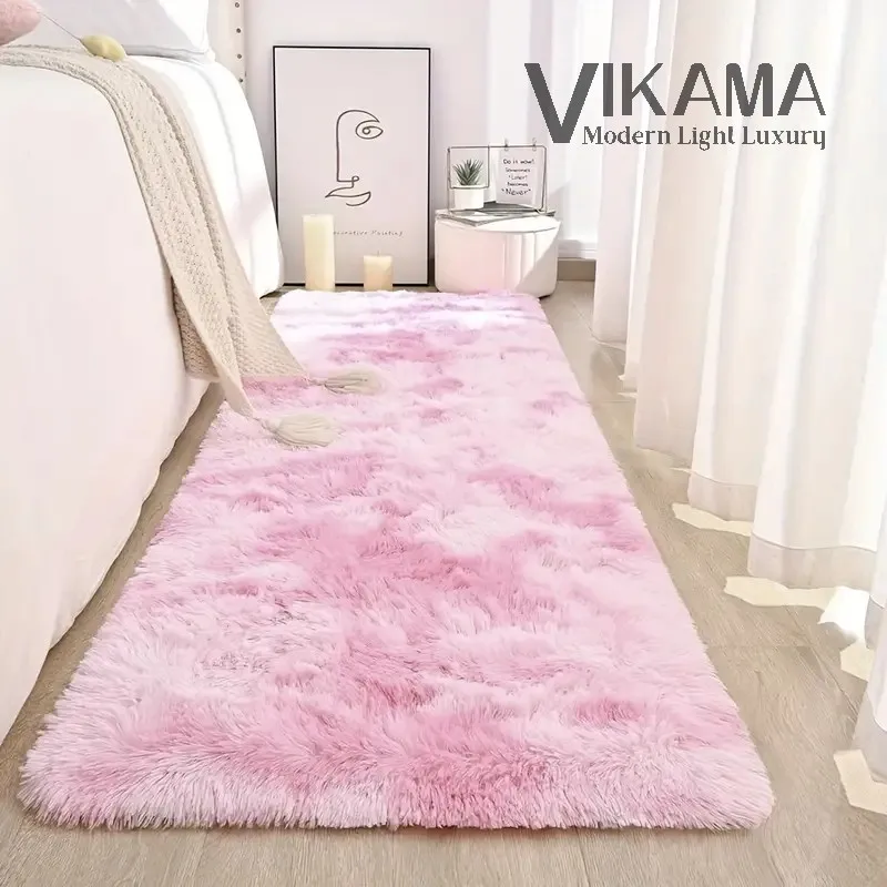 VIKAMA Pink cute girl's bedroom headboard decorated with plush carpet Fluffy soft cloakroom bedside play area non-slip mat