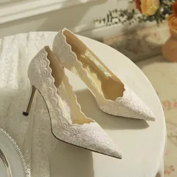 White Embroidered Lace Wedding Bride Shoes Pointed Toe Thin Heel Shallow Pumps for Women Ladies Summer Breathable Sandals