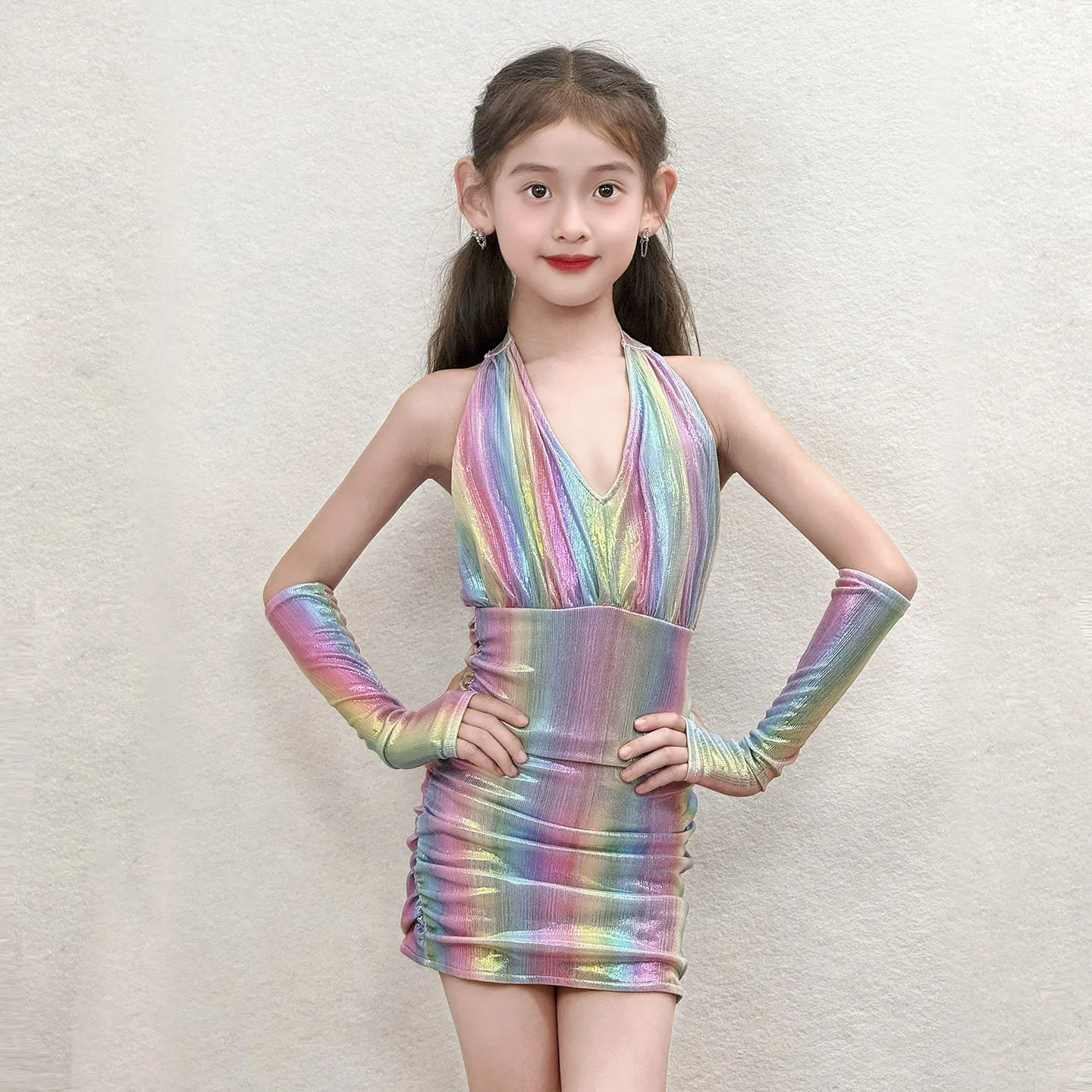 

New Girls Latin Dance Dress Halter Neck Rainbow Dress Gloves Competition Suit Rumba Chacha Dance Performance Clothing DNV27111