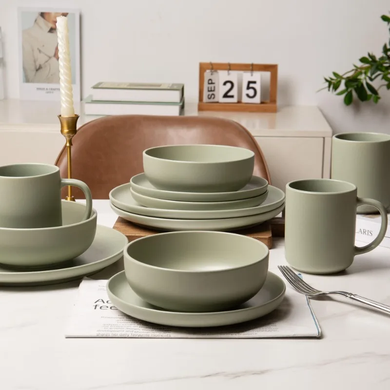 

12 Piece Green Stoneware Dinnerware Sets Microwave Dishwasher Safe Non Toxic Stackable Plates Bowls Mugs Durable For Family Of 3
