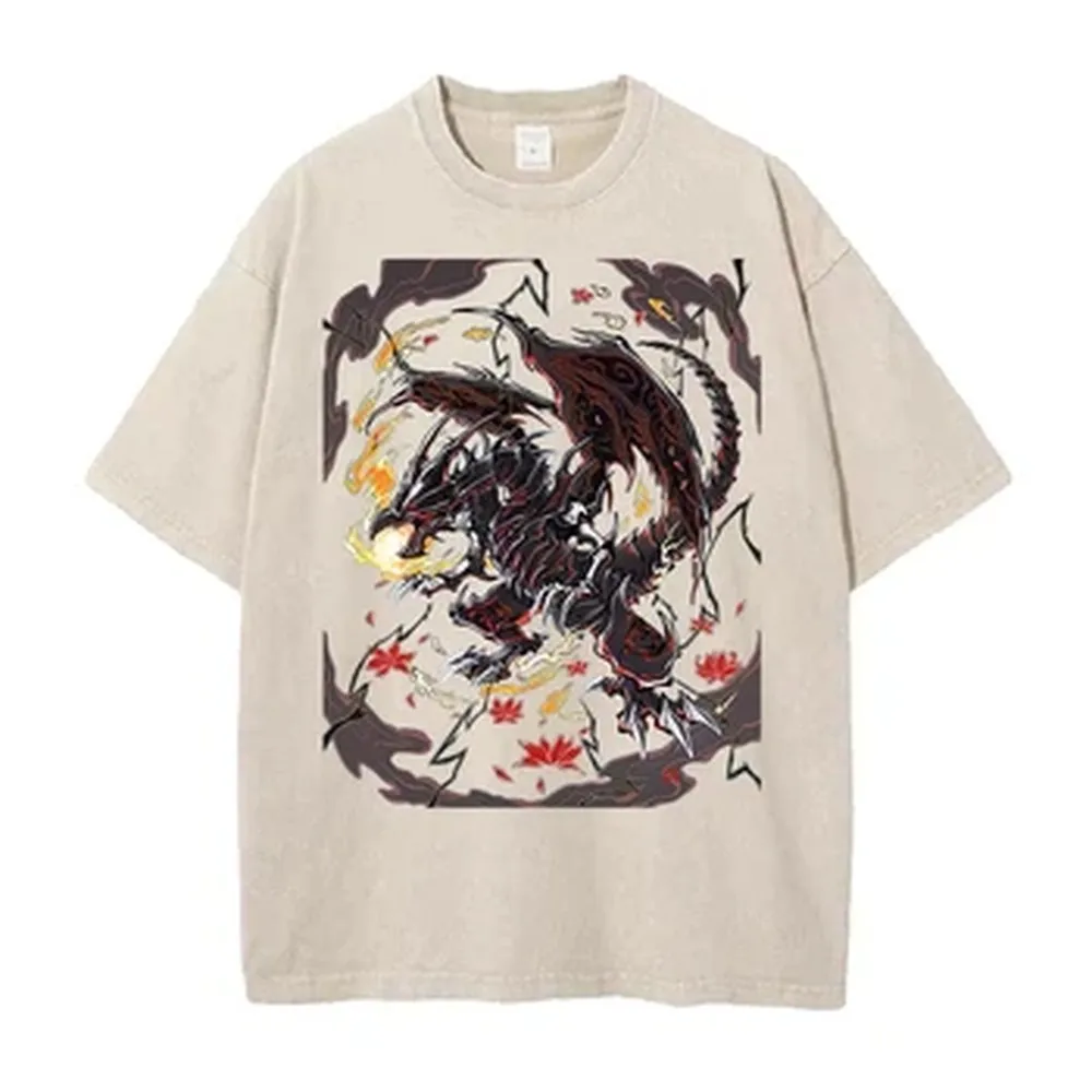 Hot Anime Yu-Gi-Oh! T-shirt Red-Eyes Black Dragon Short Sleeve Tee Shirt Vintage Summer Washed Pure Cotton Tops Men's Clothing