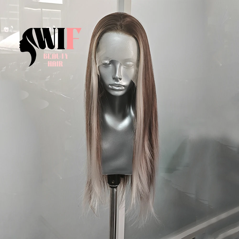 WIF-Perruque Lace Front Wig Synthétique Lisse, Postiche à Reflets Bruns et Blonds, Naissance des Cheveux Naturelle, 03/Use, pour Femme