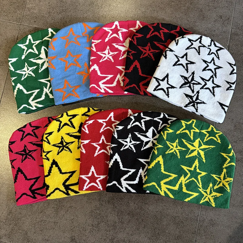Warm Street Versatile Color Block Beanies Fashion Autumn and Winter New Unisex American Hip Hop Five-pointed Star Knitted Hats