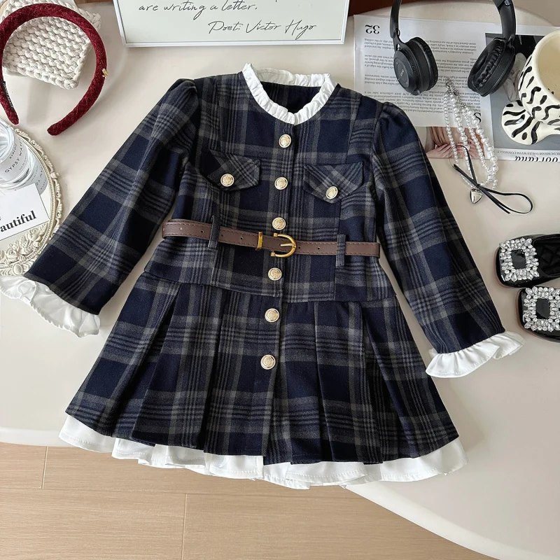 

Girls' Dress New Autumn Plaid Dress with Ruffle Sleeves Princess Dress