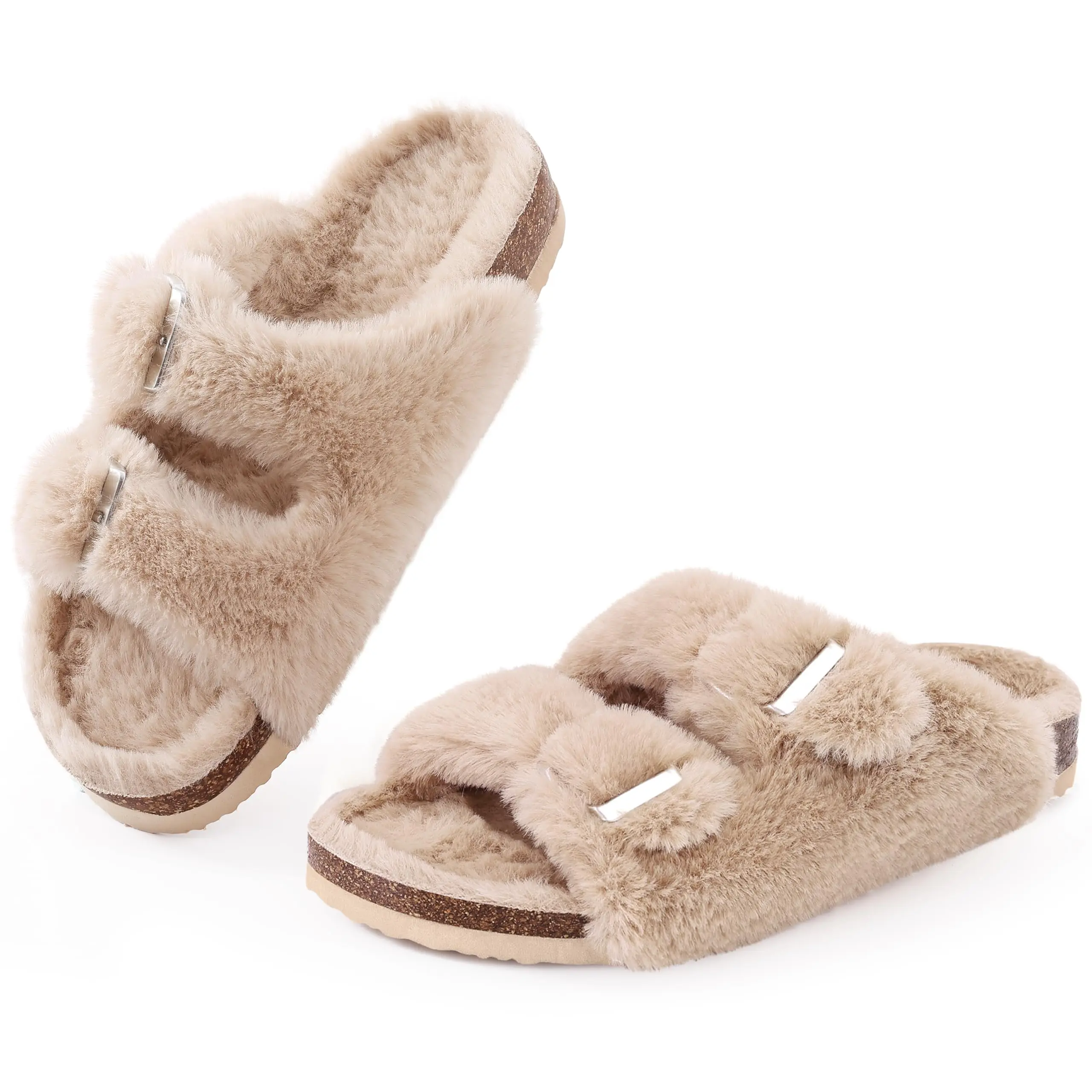 Evshine Women's Furry Cork Slippers Winter Soft Fluffy Open Toe Slippers With Adjustable Buckle Indoor Fashion Plush House Shoes