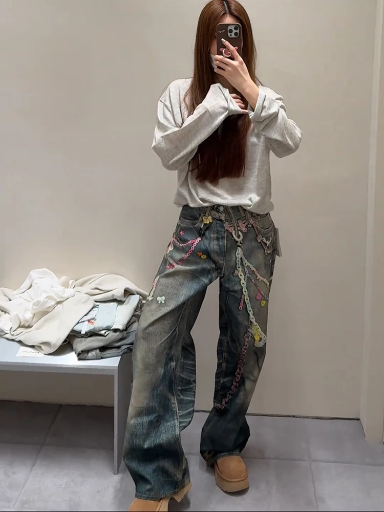 

Casual High Waist Wide Leg Jeans Women's Loose Fit Straight Cut Candy Chain Print Long Pants Summer 2025 Deep Blue Denim